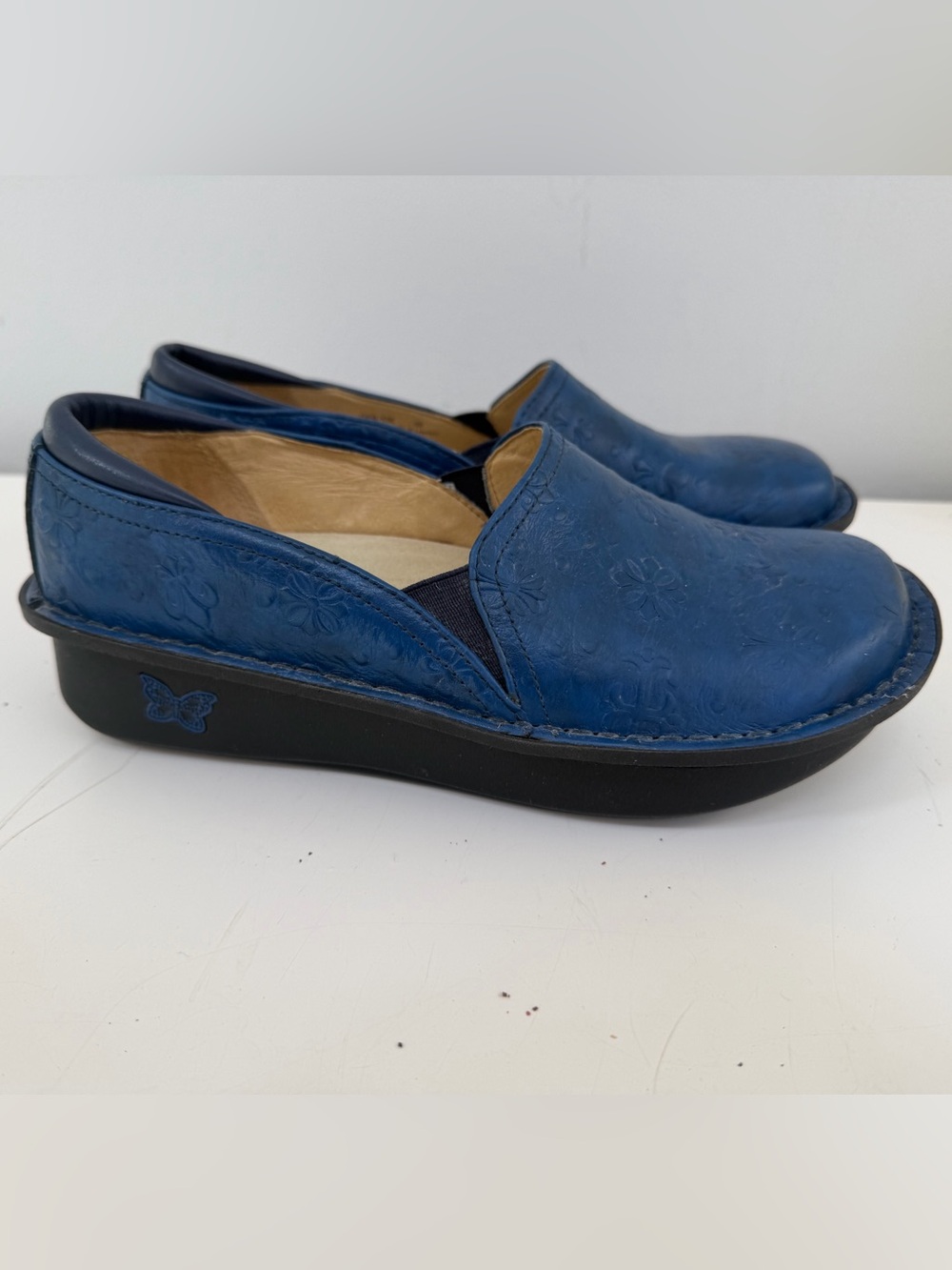 Alegria  Leather Blue Floral Embossed Slip-On Loafers Size 38 US Size 8-8.5